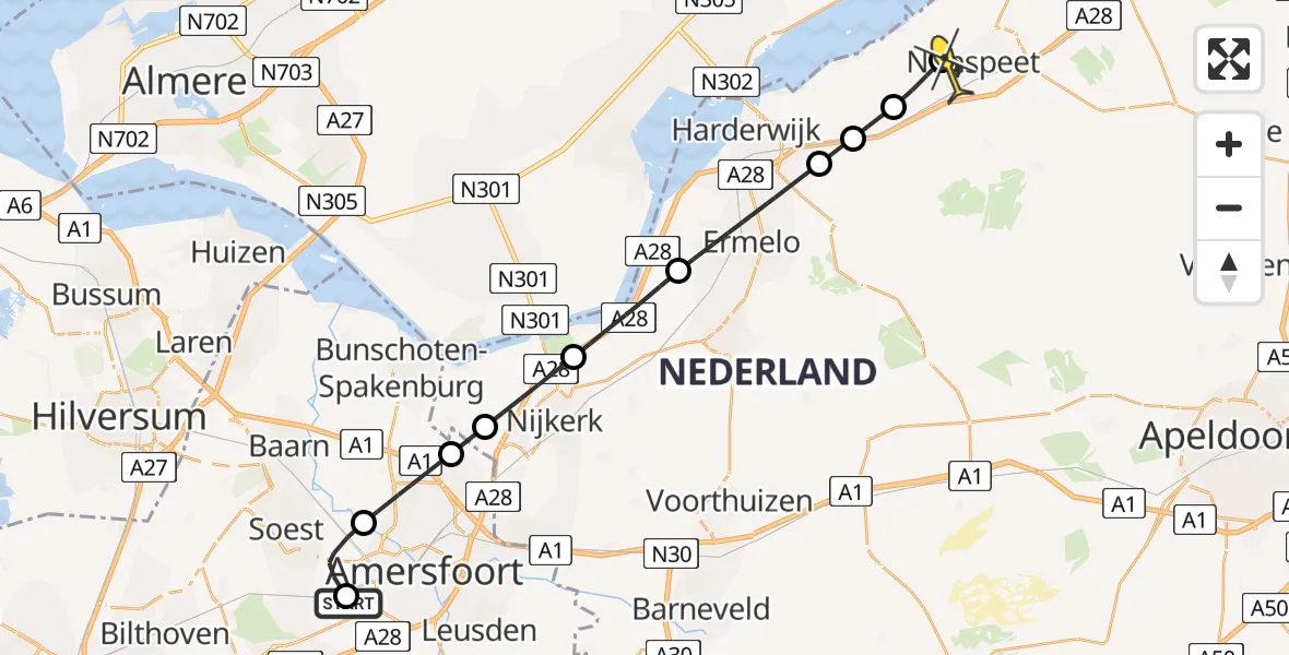 Routekaart van de vlucht: Politiehelikopter naar Nunspeet, Korte Duinen