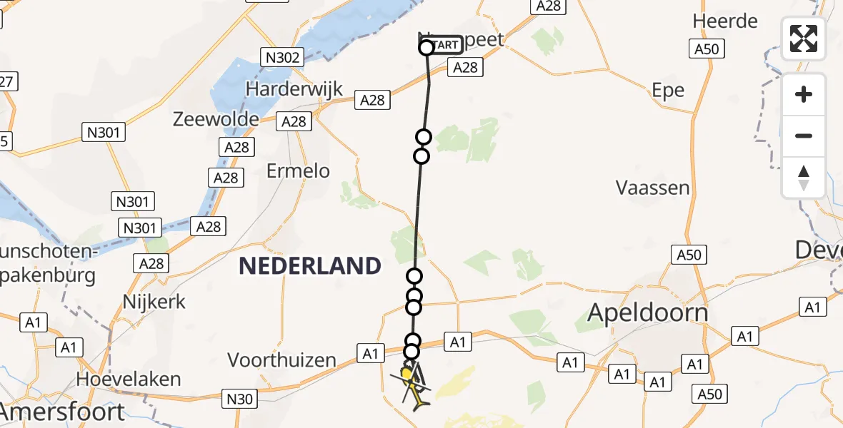 Routekaart van de vlucht: Politieheli naar Kootwijk, Op de Hagen