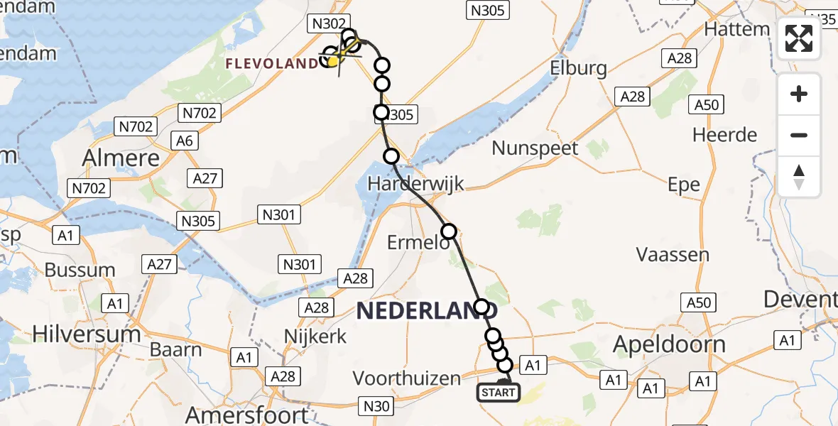 Routekaart van de vlucht: Politiehelikopter naar Lelystad Airport, Kootwijkerdijk