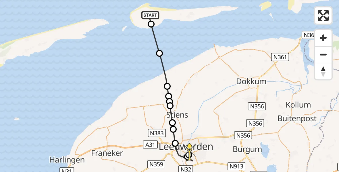 Routekaart van de vlucht: Ambulancehelikopter naar Leeuwarden, Looweg