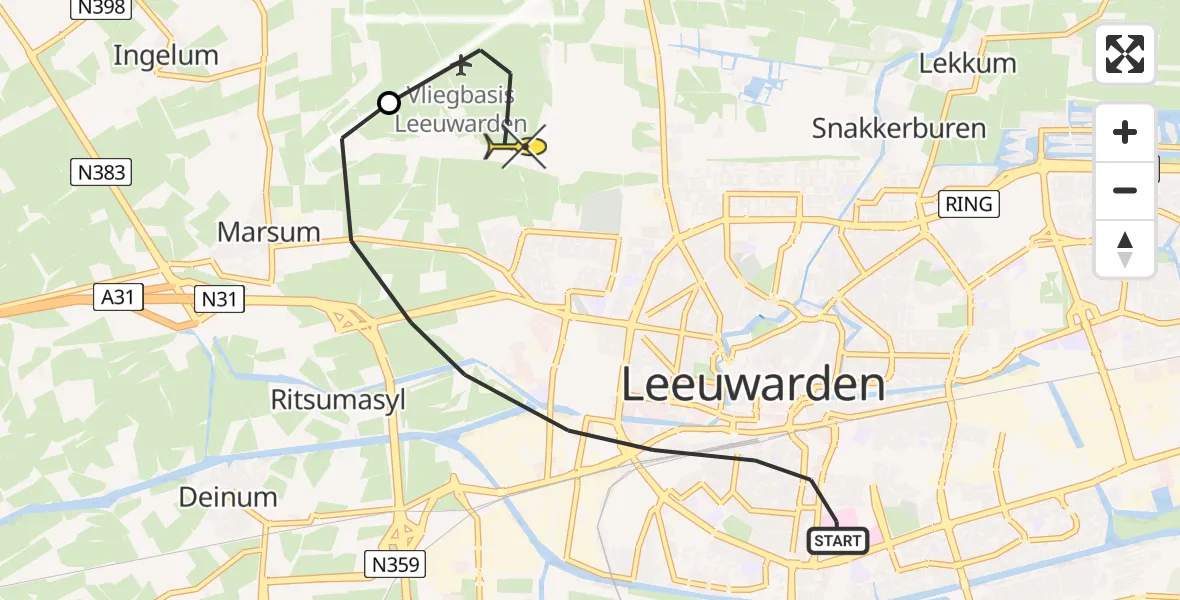 Routekaart van de vlucht: Ambulanceheli naar Vliegbasis Leeuwarden, Marshallweg