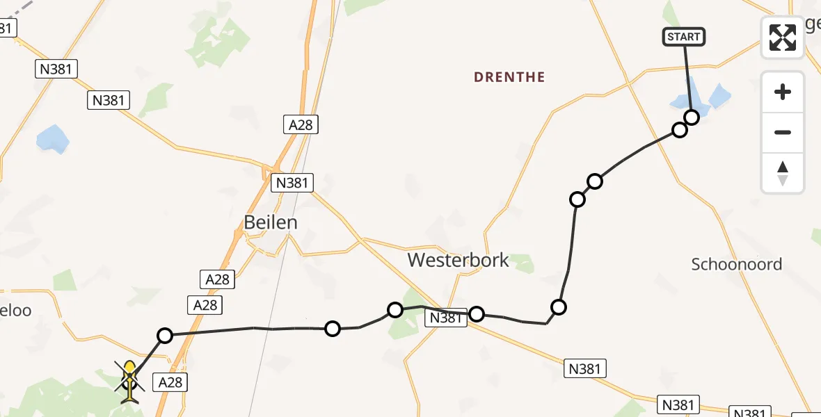 Routekaart van de vlucht: Politieheli naar Dwingeloo, Ellertsweg