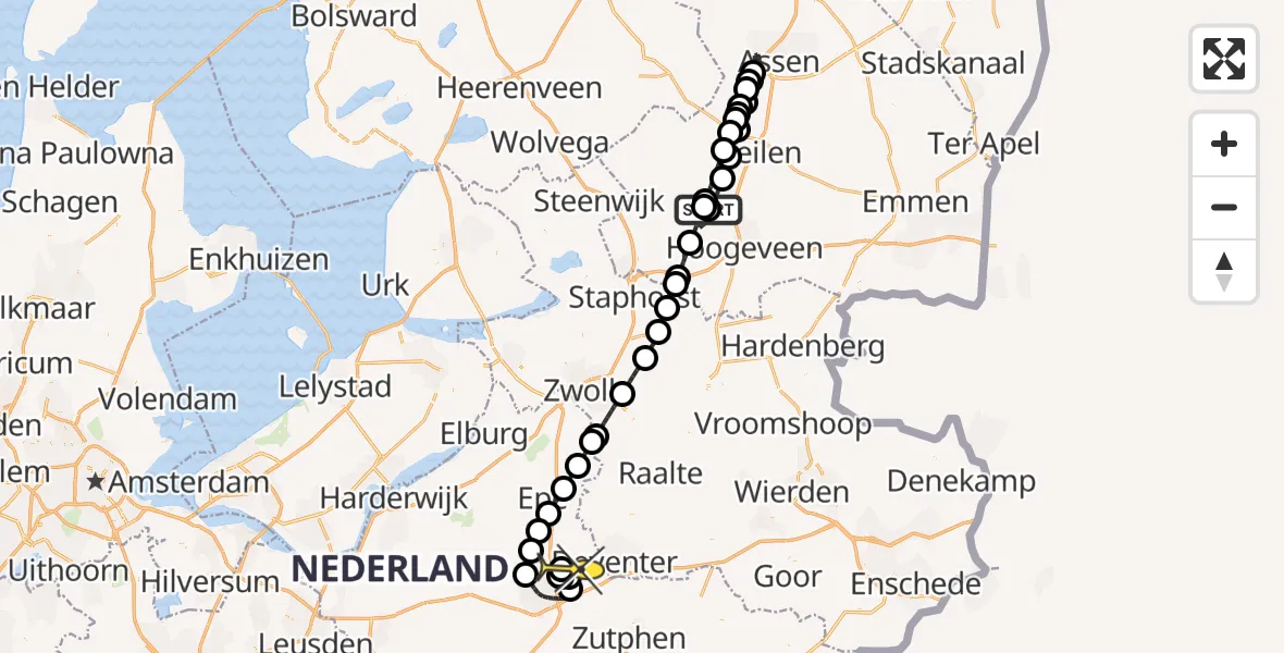 Routekaart van de vlucht: Politiehelikopter naar Vliegveld Teuge, Brunstingerveld