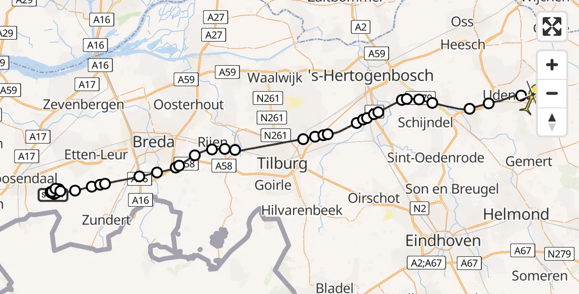 Routekaart van de vlucht: Politieheli naar Vliegbasis Volkel, Nederheidsebaan