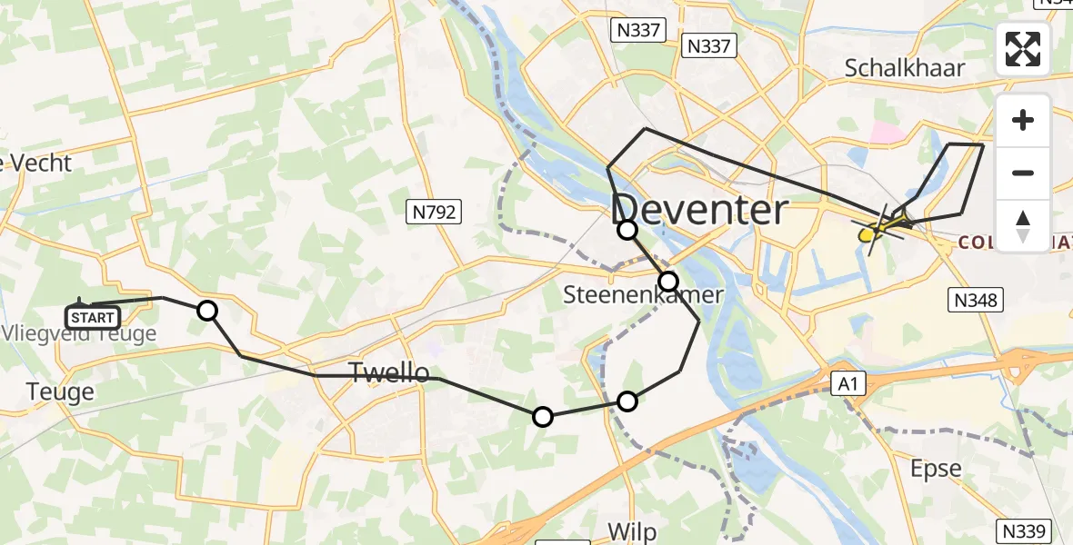 Routekaart van de vlucht: Politieheli naar Deventer, Oude Wezeveldseweg