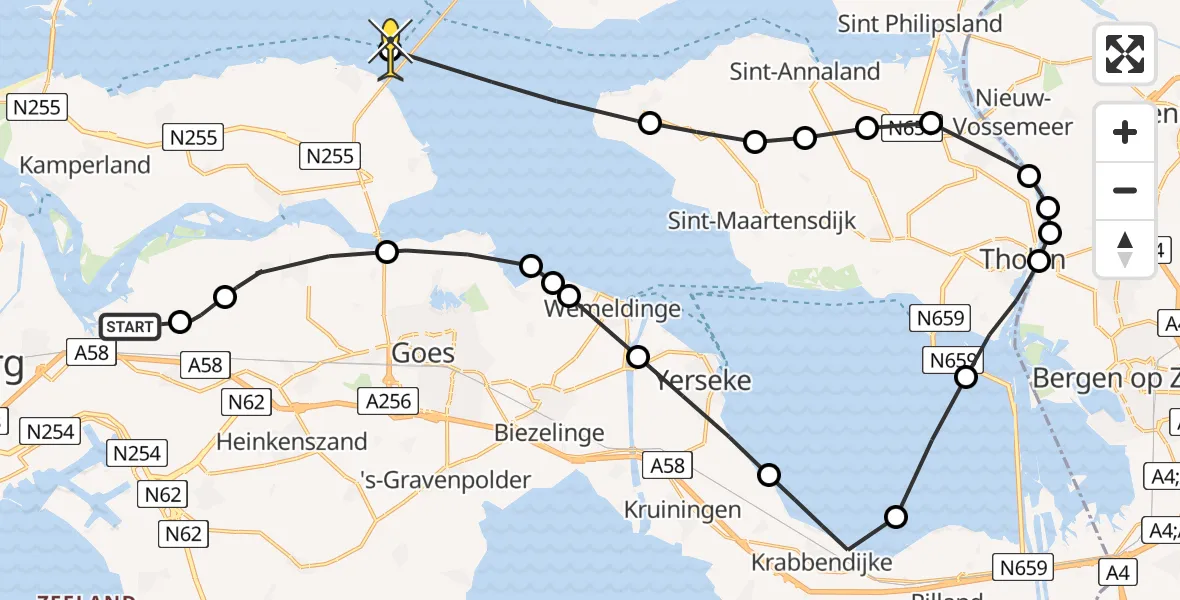 Routekaart van de vlucht: Kustwachthelikopter naar Zierikzee, Calandweg