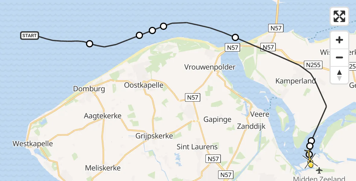Routekaart van de vlucht: Kustwachthelikopter naar Vliegveld Midden-Zeeland, Schenge