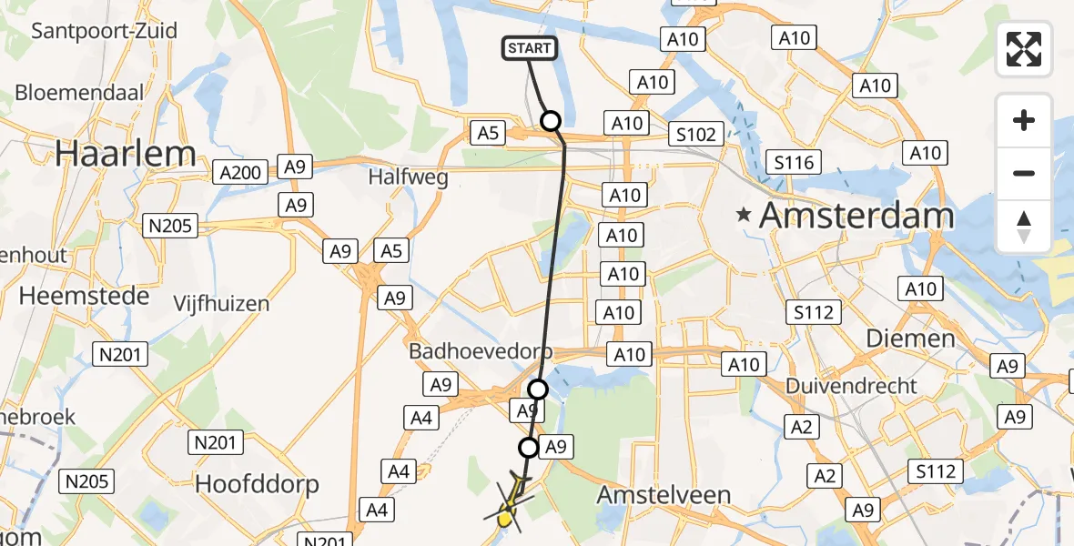 Routekaart van de vlucht: Lifeliner 1 naar Schiphol, Rhodosweg