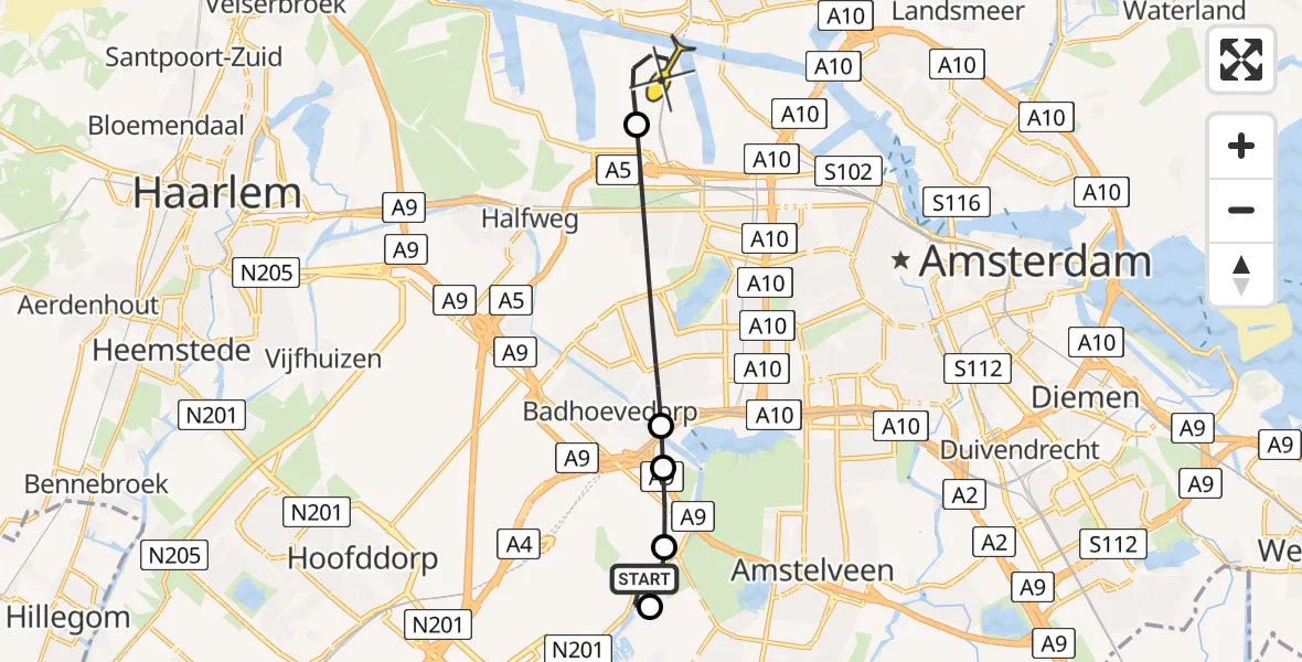 Routekaart van de vlucht: Lifeliner 1 naar Amsterdam Heliport, Zuidtangent