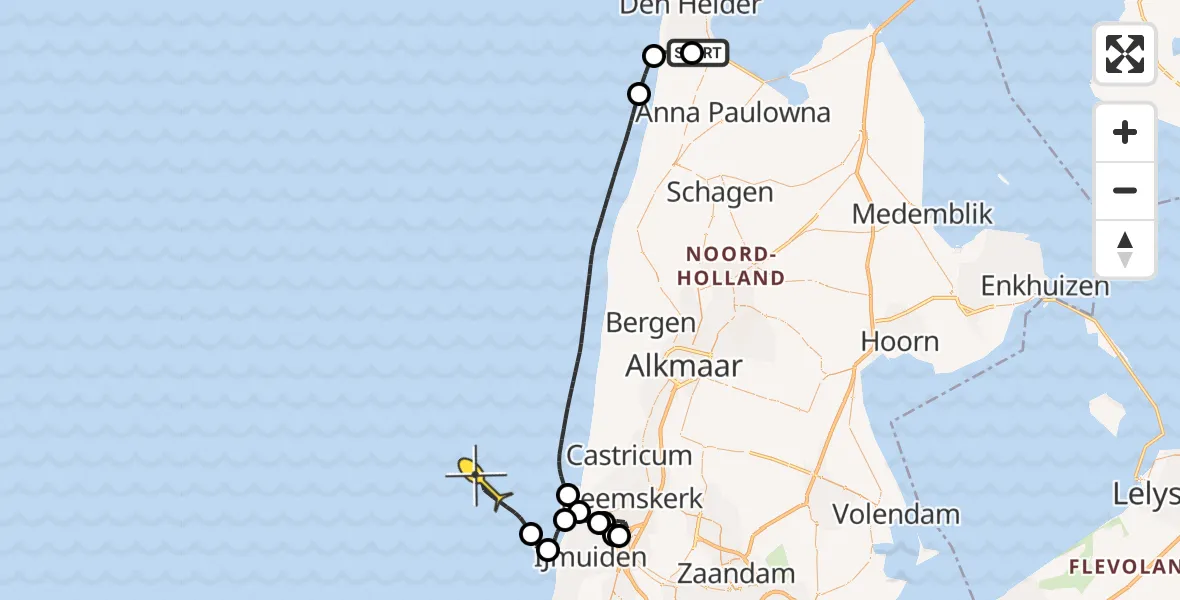 Routekaart van de vlucht: Kustwachthelikopter naar Middenvliet