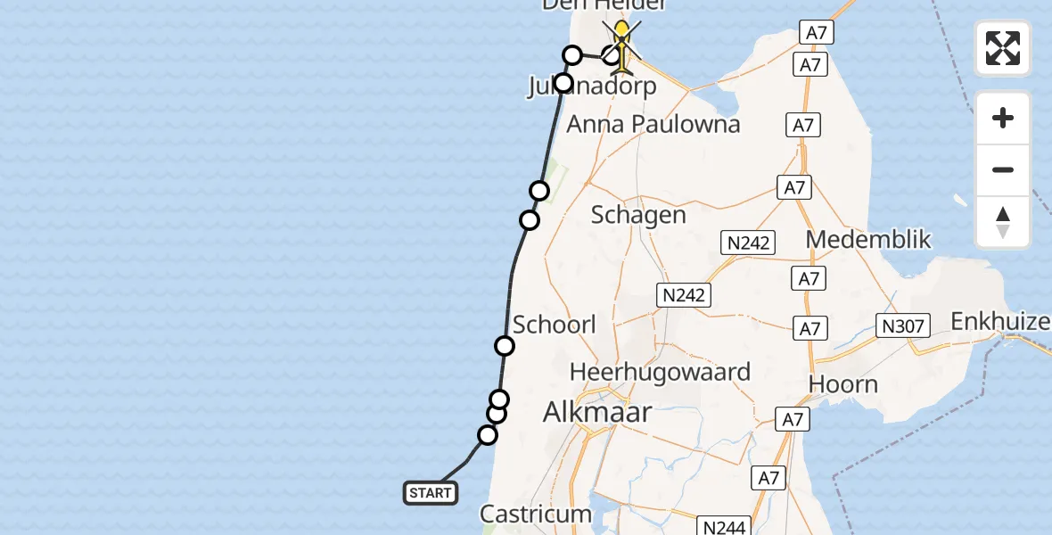 Routekaart van de vlucht: Kustwachthelikopter naar Vliegveld De Kooy, Zanddijk