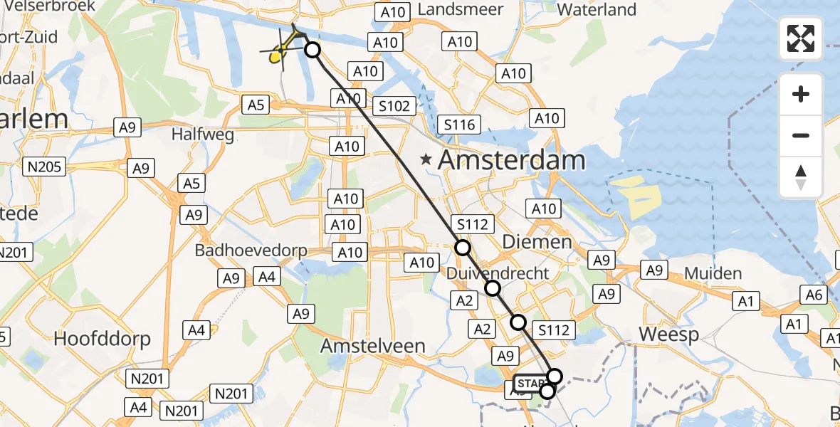 Routekaart van de vlucht: Lifeliner 1 naar Amsterdam Heliport, Sleewijkstraat