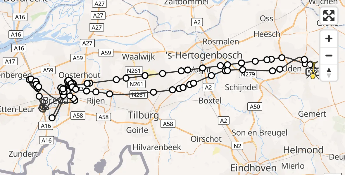 Routekaart van de vlucht: Politieheli naar Vliegbasis Volkel, Zeelandsedijk