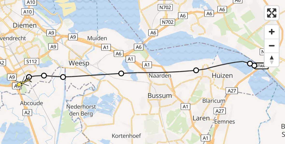 Routekaart van de vlucht: Lifeliner 1 naar Academisch Medisch Centrum (AMC), Huizerhoef