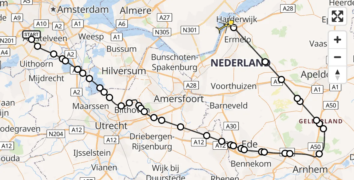Routekaart van de vlucht: Politieheli naar Harderwijk, Van Weerden-Poelmanweg