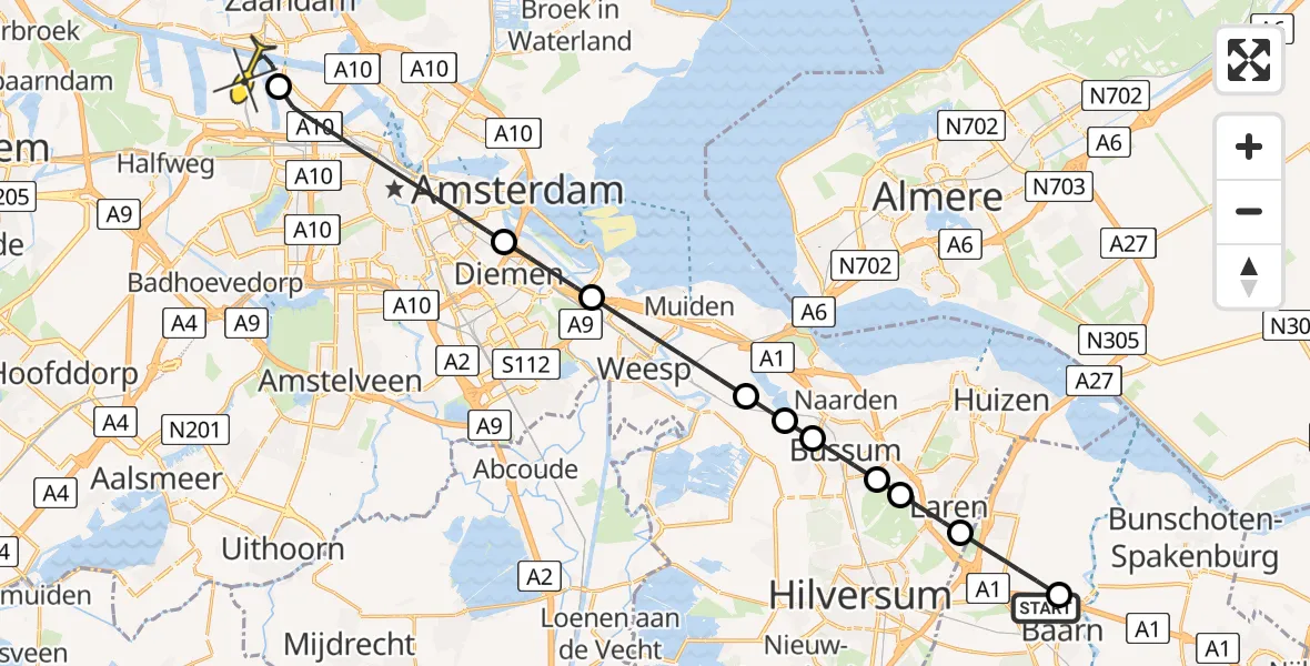 Routekaart van de vlucht: Lifeliner 1 naar Amsterdam Heliport, Capriweg