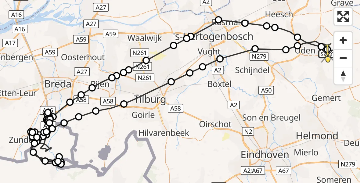 Routekaart van de vlucht: Politieheli naar Vliegbasis Volkel, Zeelandsedijk