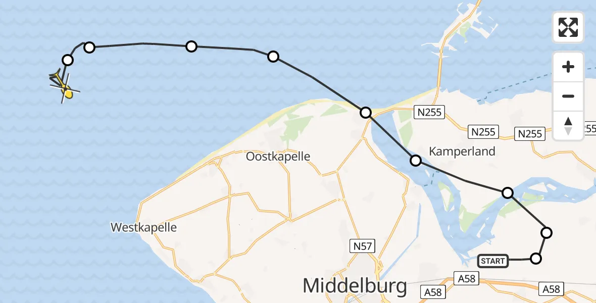 Routekaart van de vlucht: Kustwachthelikopter naar Vlissingen, Calandweg