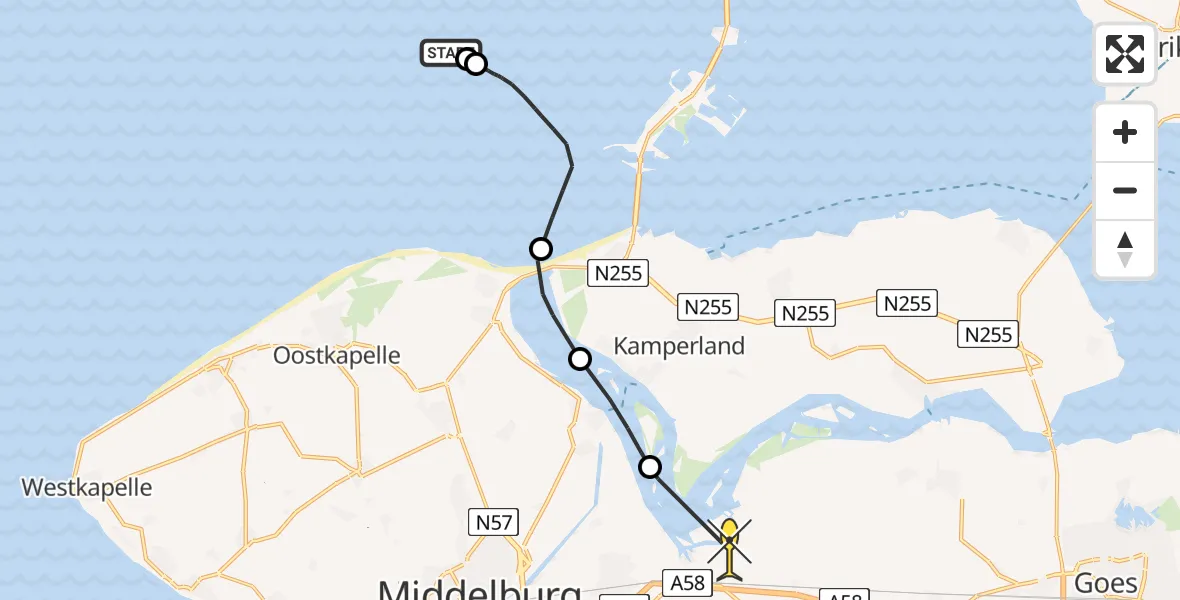 Routekaart van de vlucht: Kustwachthelikopter naar Vliegveld Midden-Zeeland, Oude Roompot