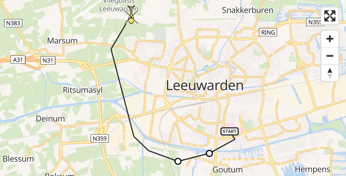Routekaart van de vlucht: Ambulanceheli naar Vliegbasis Leeuwarden, Boksumerdyk