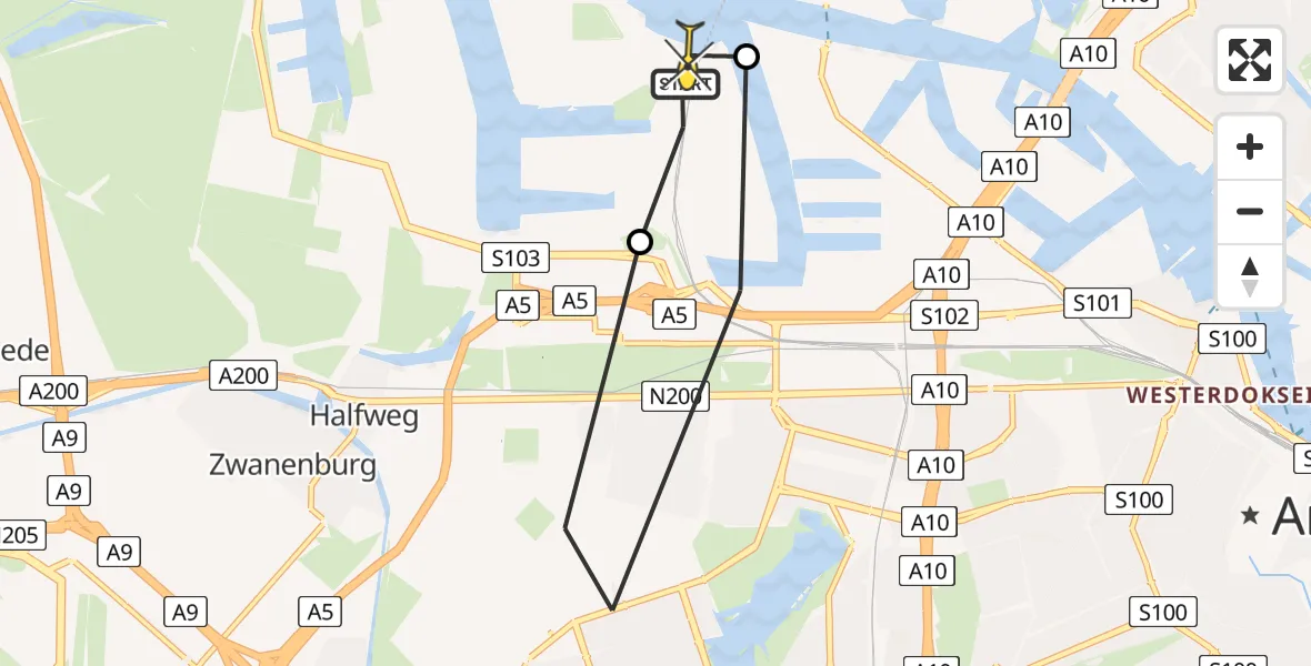 Routekaart van de vlucht: Lifeliner 1 naar Amsterdam Heliport, Australiëhavenweg