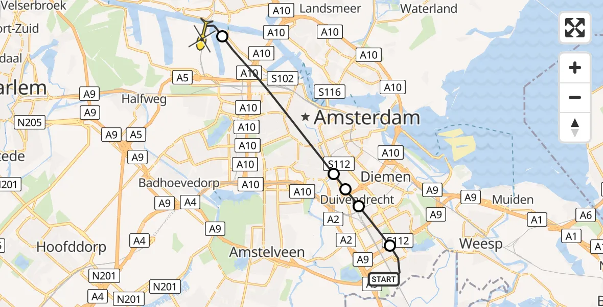 Routekaart van de vlucht: Lifeliner 1 naar Amsterdam Heliport, Slichtenhorststraat