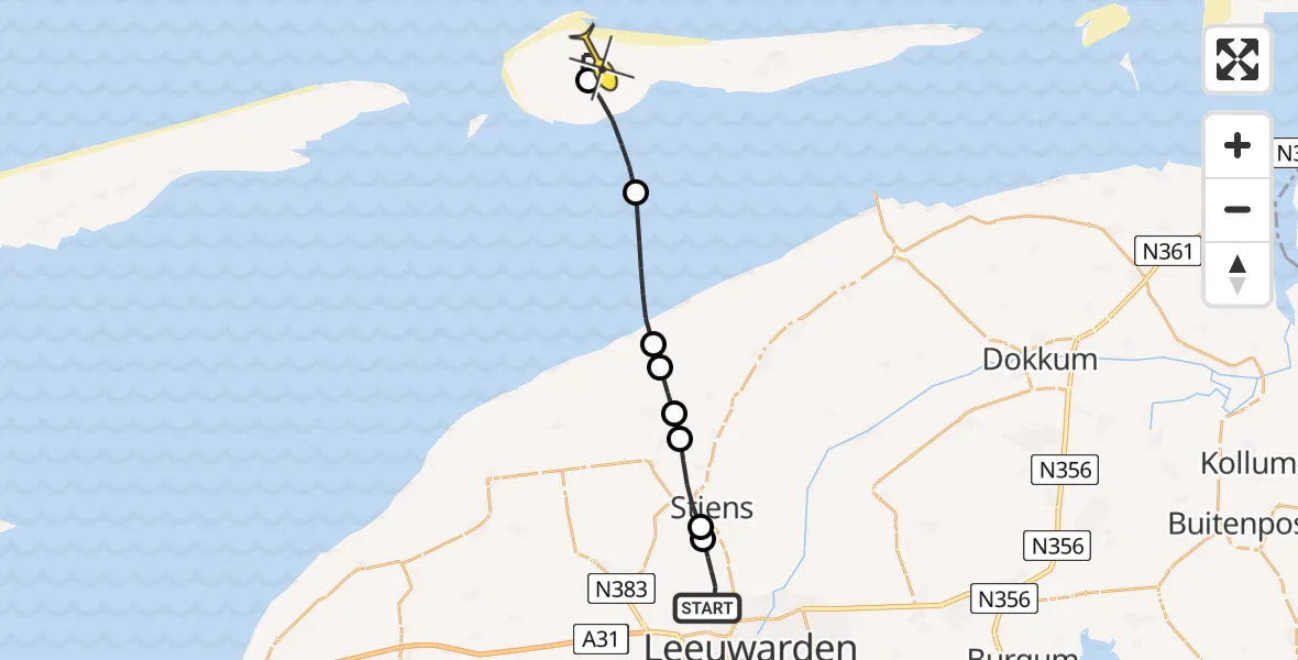 Routekaart van de vlucht: Ambulanceheli naar Ameland Airport Ballum, Keegsdijkje