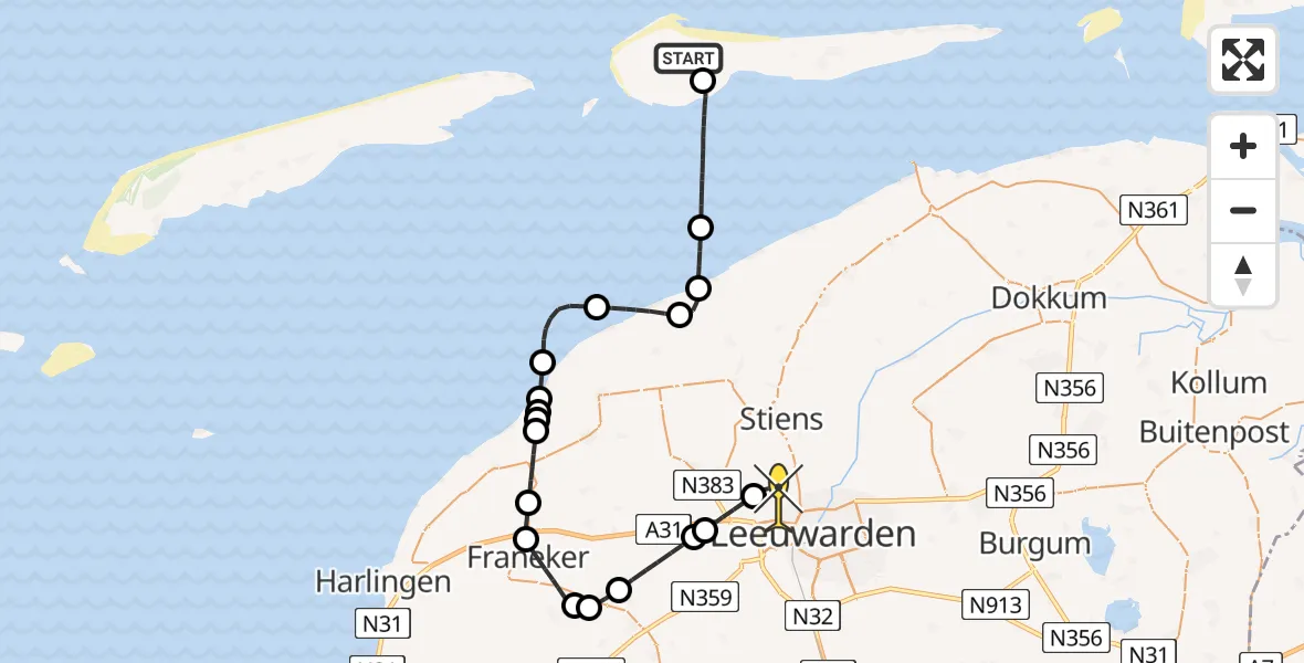 Routekaart van de vlucht: Ambulancehelikopter naar Vliegbasis Leeuwarden, Smitteweg