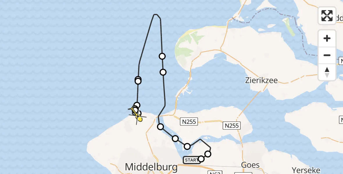 Routekaart van de vlucht: Kustwachthelikopter naar Oostkapelle, Calandweg