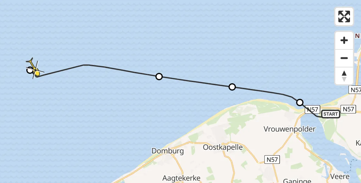 Routekaart van de vlucht: Kustwachthelikopter naar Oost-westweg
