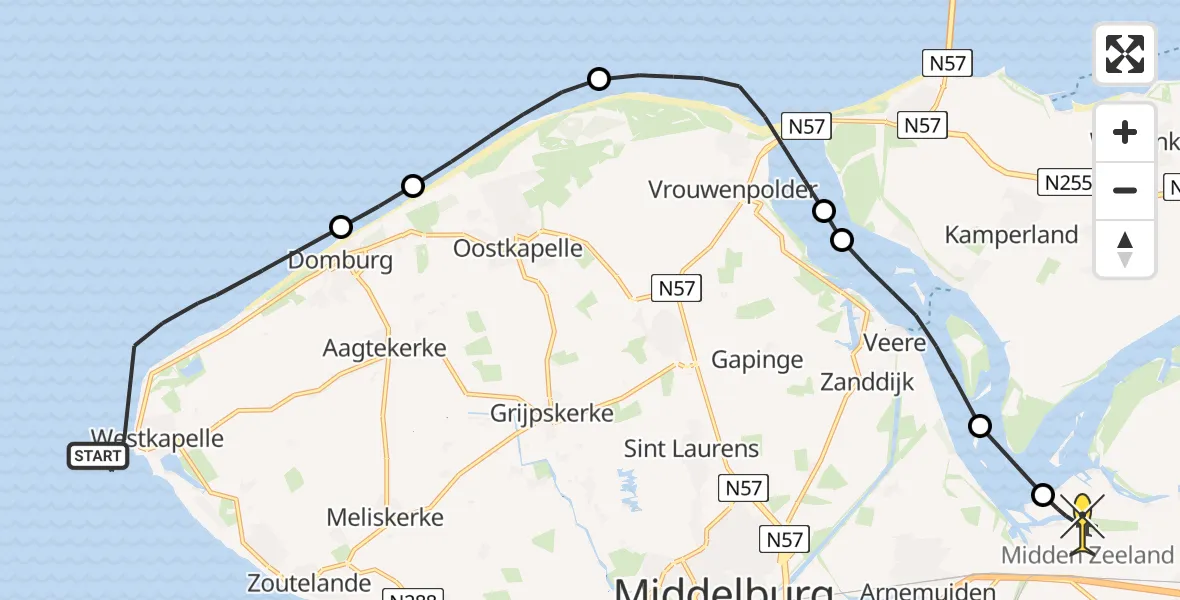 Routekaart van de vlucht: Kustwachthelikopter naar Vliegveld Midden-Zeeland, Zeedijk