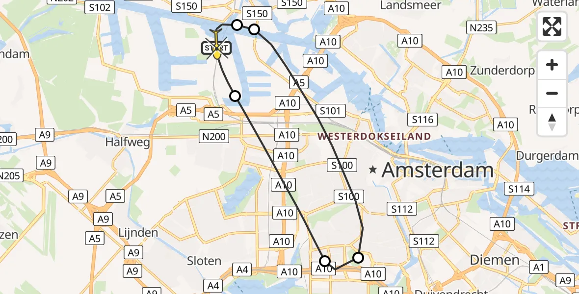 Routekaart van de vlucht: Lifeliner 1 naar Amsterdam Heliport, Corsicaweg