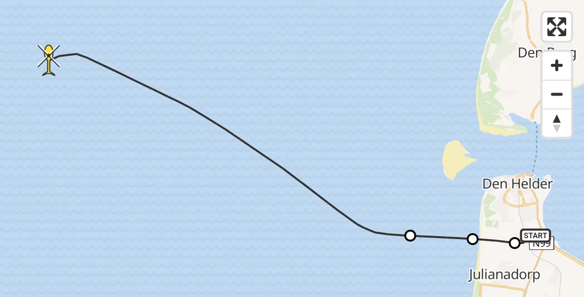 Routekaart van de vlucht: Kustwachthelikopter naar Middenvliet