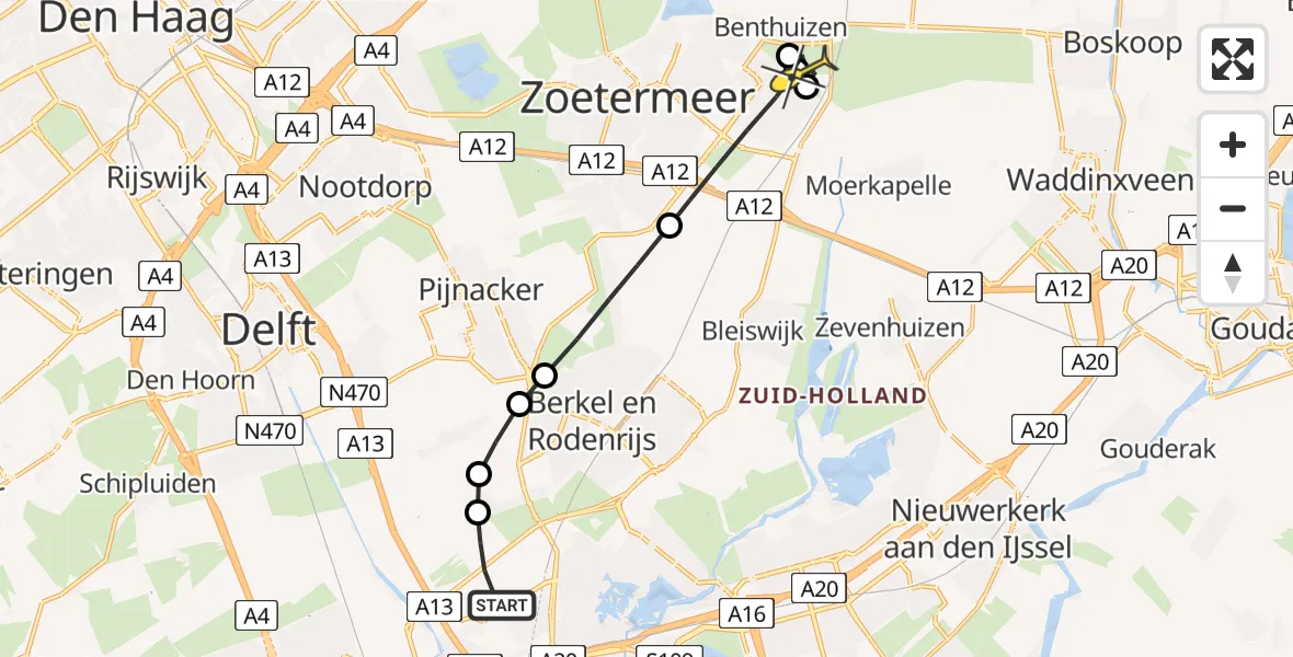 Routekaart van de vlucht: Lifeliner 2 naar Benthuizen, Schieveense polder