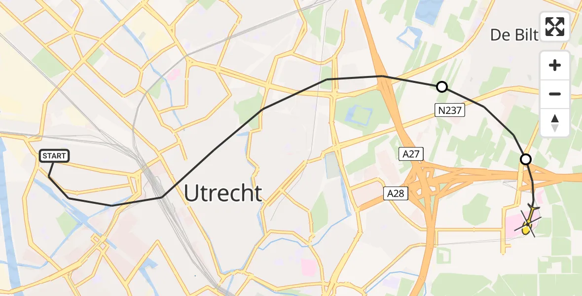 Routekaart van de vlucht: Lifeliner 1 naar Universitair Medisch Centrum Utrecht, Leidse Rijn