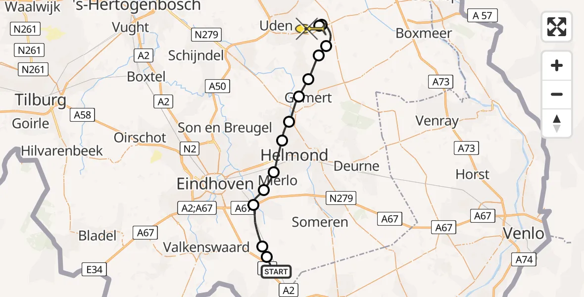 Routekaart van de vlucht: Lifeliner 3 naar Vliegbasis Volkel, Grote Bleek