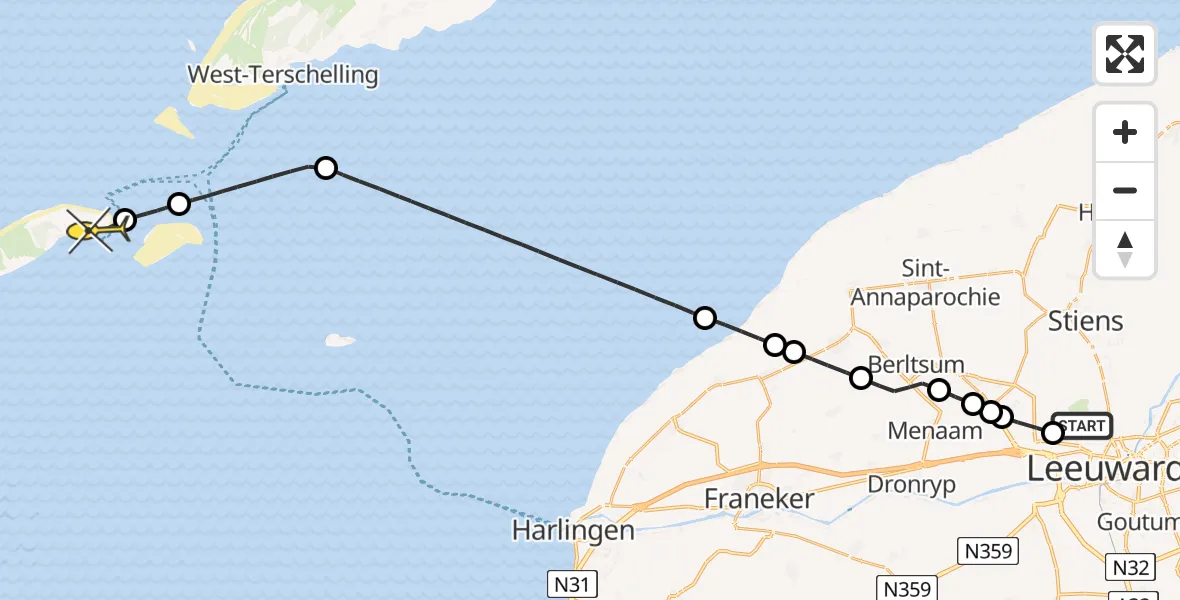 Routekaart van de vlucht: Ambulanceheli naar Vlieland Heliport, Ljouwerterdyk