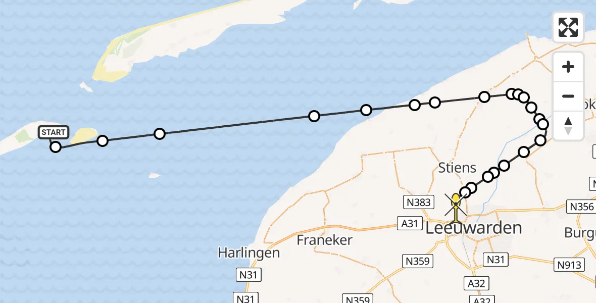 Routekaart van de vlucht: Ambulancehelikopter naar Vliegbasis Leeuwarden, Vlielanderbalg