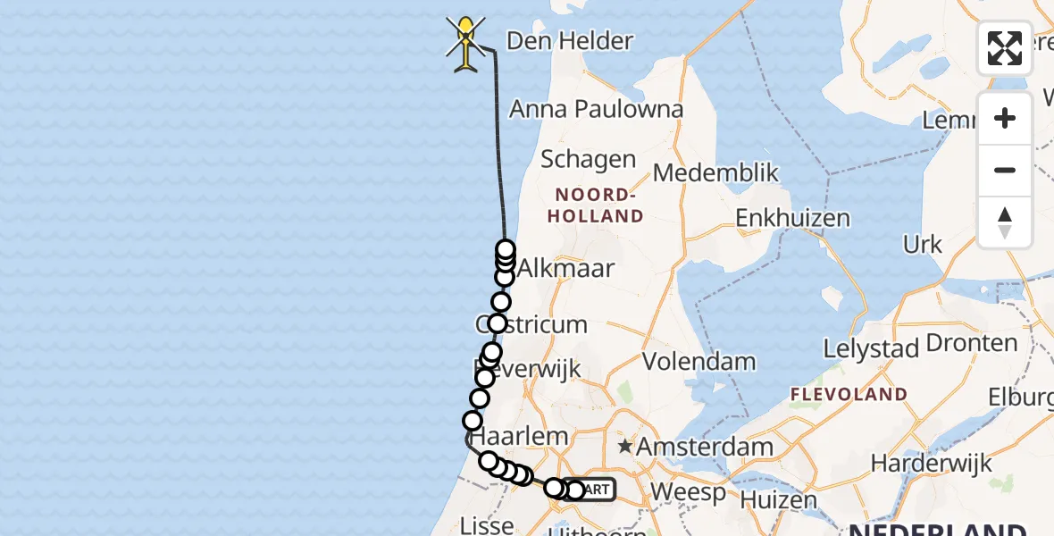 Vluchtroute Politiehelikopter van Schiphol naar 