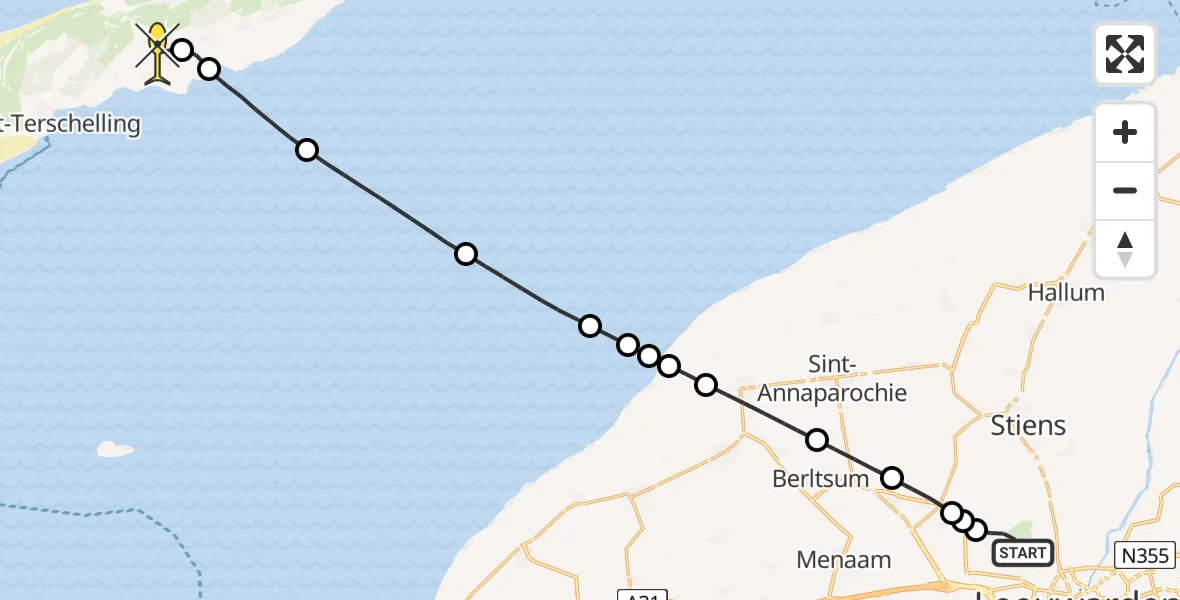 Routekaart van de vlucht: Ambulancehelikopter naar Midsland, Keegsdijkje