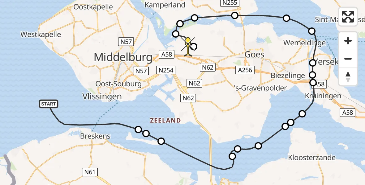 Routekaart van de vlucht: Politieheli naar Vliegveld Midden-Zeeland, Pietweg