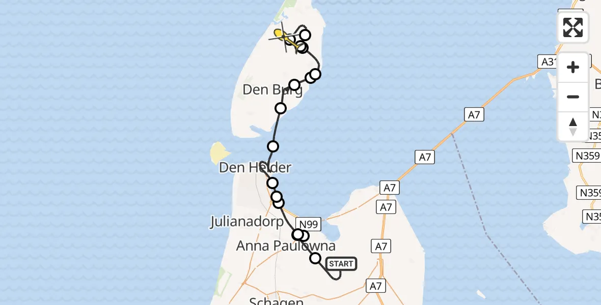 Routekaart van de vlucht: Politieheli naar Texel International Airport, Ulkeweg