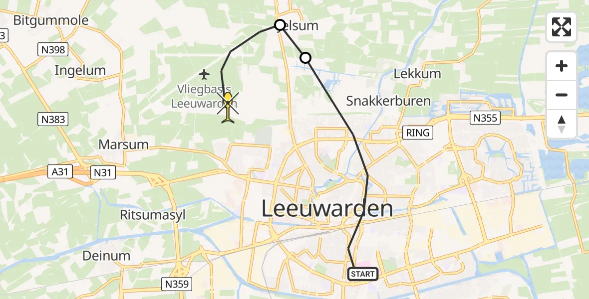 Routekaart van de vlucht: Ambulanceheli naar Vliegbasis Leeuwarden, Oostergrachtswal