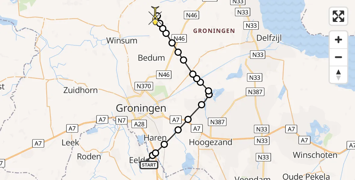 Routekaart van de vlucht: Lifeliner 4 naar Rottum, Burg. J.G. Legroweg