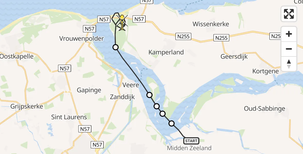 Routekaart van de vlucht: Kustwachthelikopter naar Kamperland, Oranjeplaatweg