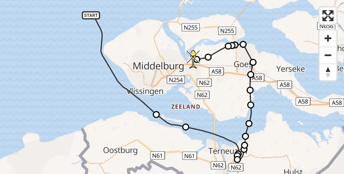 Routekaart van de vlucht: Kustwachthelikopter naar Vliegveld Midden-Zeeland, Calandweg