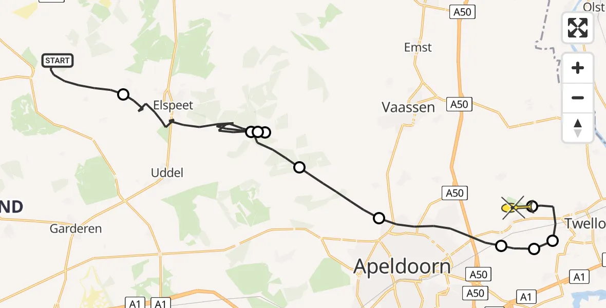 Routekaart van de vlucht: Politieheli naar Vliegveld Teuge, Jonkheer Doctor C.J. Sandbergweg