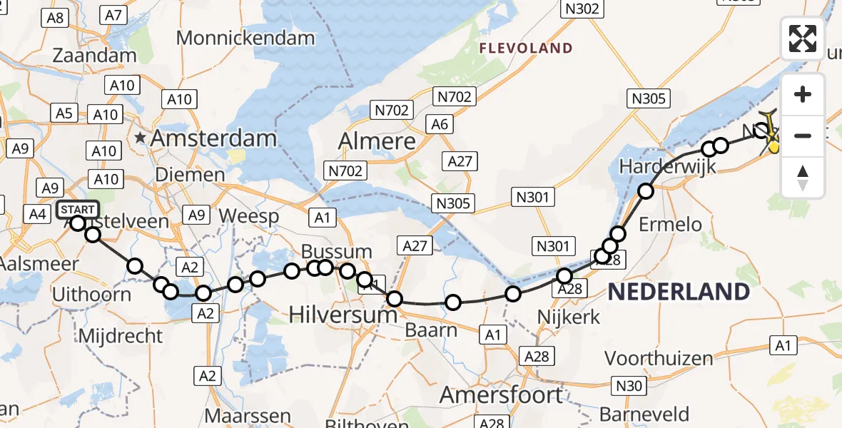 Routekaart van de vlucht: Politiehelikopter naar Nunspeet, Amsterdam-Bataviaweg