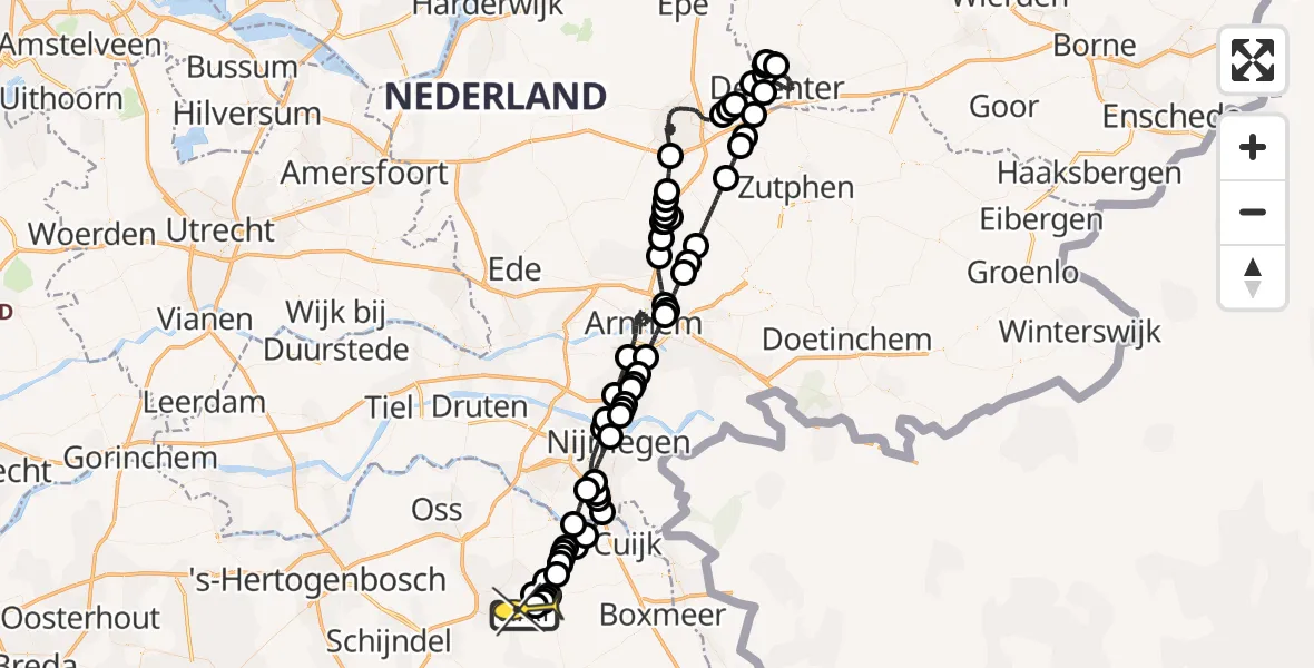 Routekaart van de vlucht: Politiehelikopter naar Vliegbasis Volkel, Zeelandsedijk