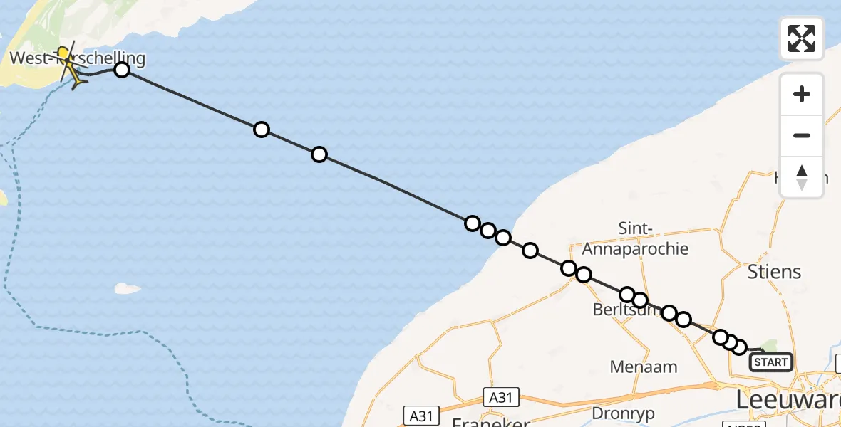 Routekaart van de vlucht: Ambulanceheli naar West-Terschelling, Keegsdijkje